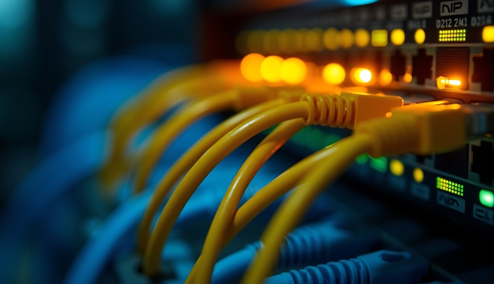 Hardware is Expensive Close up view of yellow network cables connected to a server rack in a data center.